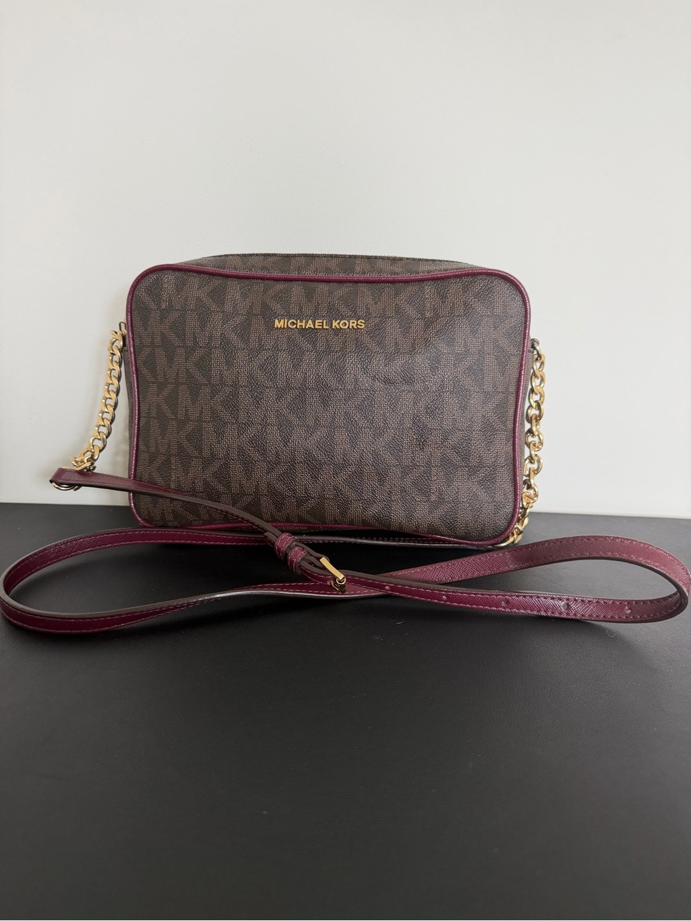 Michael Kors Jet Set Signature Camera Crossbody Brown Burgundy